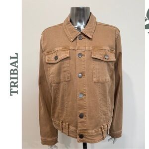 TRIBAL Size XL Stretch Twill Utility Denim Jacket — Toasted Almond Perfection!